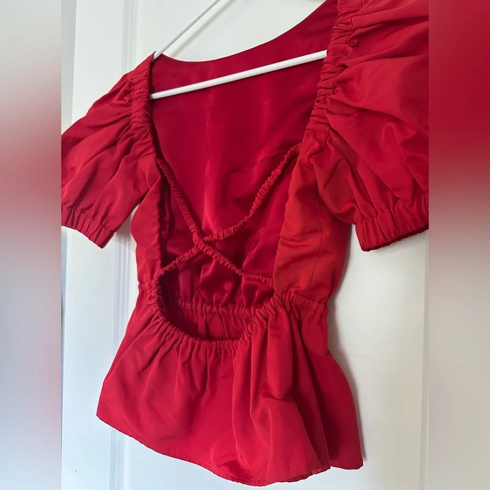 STAUD Red Puff Sleeve Peplum Blouse CrissCross Open Back Size Small